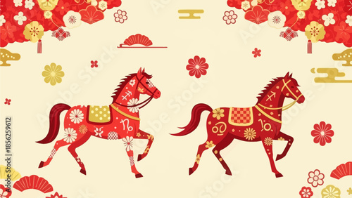 Vibrant illustration celebrating Japanese-Chinese New Year, showcasing two adorned zodiac horses, traditional patterns, and festive symbols of prosperity