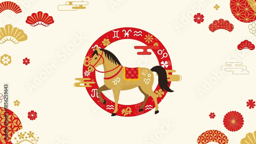 Embrace the spirit of Japanese-chinese New Year with a majestic golden horse illustration, featuring traditional patterns and auspicious symbols for good fortune and prosperity