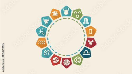 Astrology Zodiac Signs Circle Icons, Representing Fortune and Mysticism, Inspired by Japanese-Chinese New Year Traditions