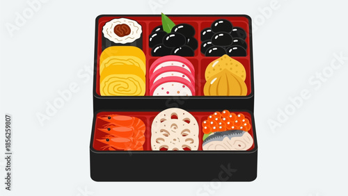 Delicious assortment of Japanese and Chinese New Year food items in a traditional bento box, showcasing a vibrant culinary tradition