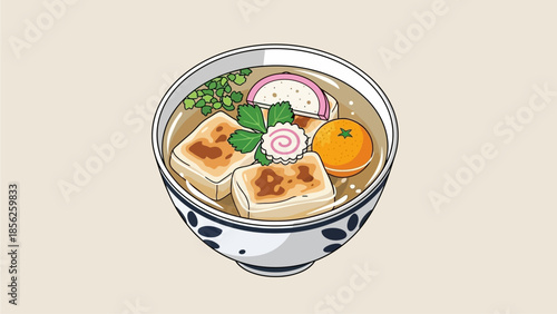 Traditional Japanese and Chinese New Year's celebratory soup with mochi, herbs, and vegetables