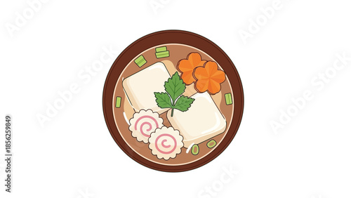 Hearty and colorful noodle soup illustration, featuring tofu, narutomaki, and fresh vegetables, symbolizing festive Japanese-Chinese New Year traditions and delicious Asian cuisine