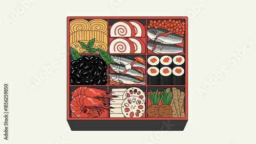 Delicious Japanese-Chinese New Year celebration food assortment in a beautiful tiered box