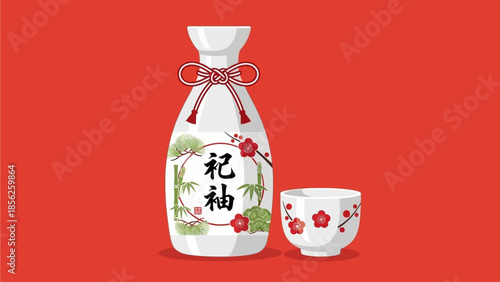 Japanese-chinese New Year Celebration With Sake Bottle and Cup Decorated With Plum Blossoms