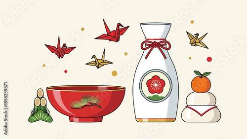 A delightful collection of traditional Japanese-chinese New Year symbols in a clean vector illustration, perfect for cultural celebrations and festive designs