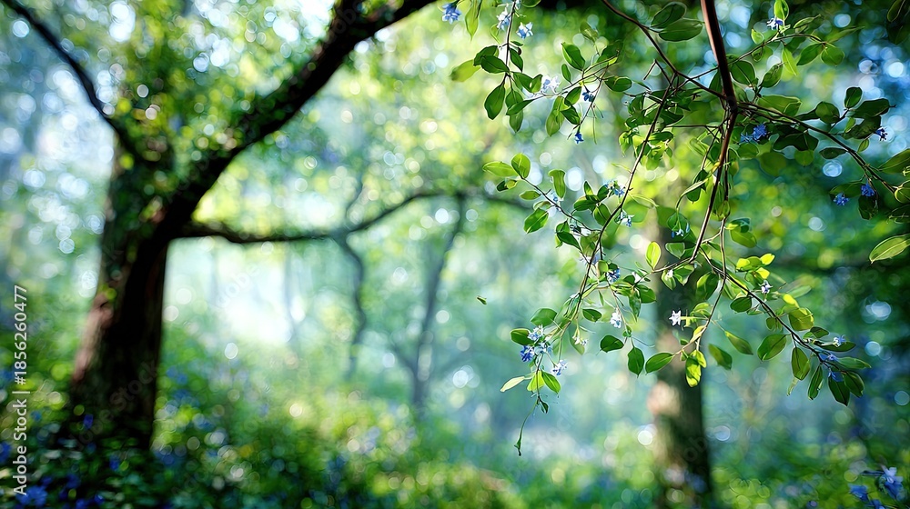 Fototapeta premium Lush green forest scene with bright sunlight illuminating small blue wildflowers and leafy branches