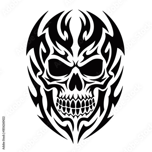 A striking black tribal flame skull design, symbolizing danger and rebellion.
