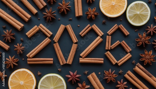 Cinnamon sticks forming number 2026 flat lay
