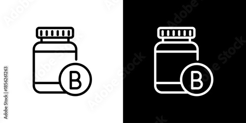 Vitamin B supplement bottle icon, dietary health and medicine concept