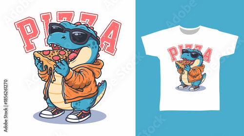 Cute dinosaur eat pizza illustration hand drawn, vector ready for print on t-shirt and other uses.