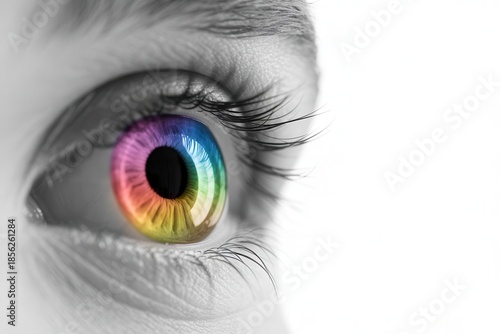 Extreme close up of a human eye with a vibrant rainbow colored iris, vision and diversity concept