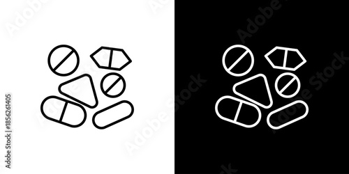 Simple line art icons representing essential medication pills and capsules, symbolizing health, treatment, and pharmaceutical care across diverse applications