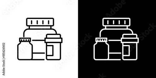 Versatile outline vector icon set illustrating assorted medication and dietary supplement bottles, ideal for healthcare, pharmacy, and wellness design projects