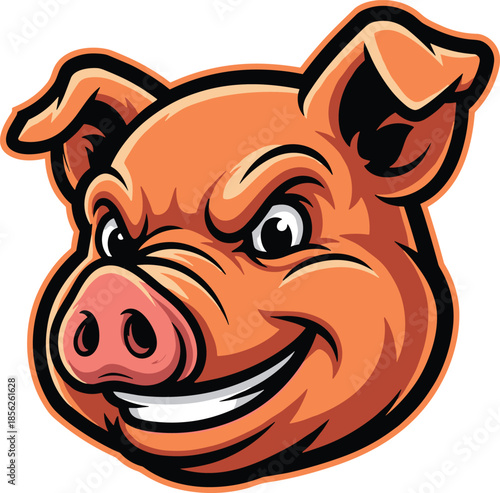 Cartoon pig head with mischievous grin — expressive mascot vector in orange and pink for branding, humor, and character design.