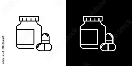 Essential vector outline icon depicting a medical pill bottle with capsules, perfect for healthcare apps, pharmaceutical websites, and wellness illustrations to symbolize medication, treatment
