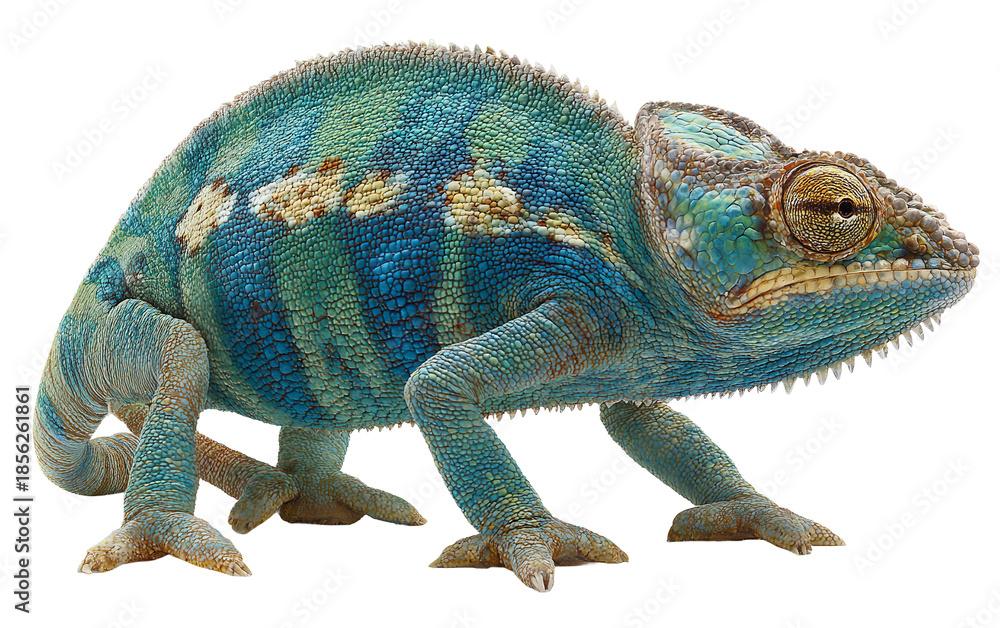 Obraz premium Colorful chameleon illustration showing gradual color shift lifelike features and exotic reptile charm isolated on transparent background PNG