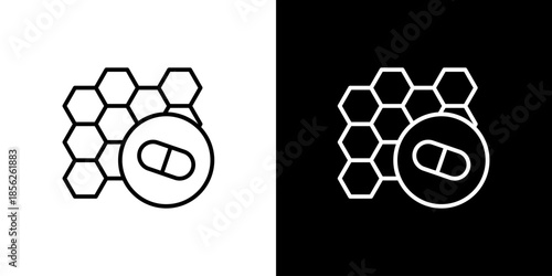 Medical pill capsule icon with honeycomb pattern on black and white background