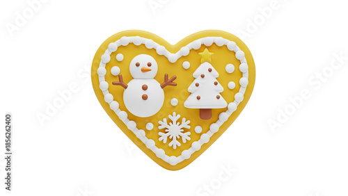 3D Christmas Heart Cookie with Snowman and Tree on transparent background