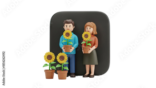 3D Couple holding potted sunflowers, 3D cartoon characters on transparent background