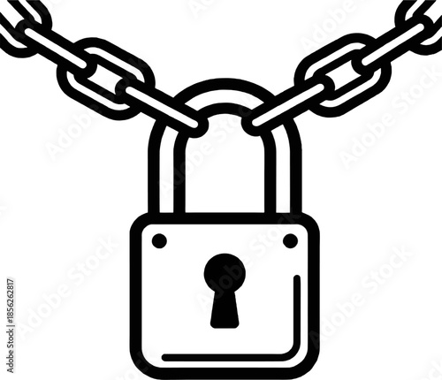 Minimal Padlock with Chain Outline – Black and White Flat Vector Security Icon, Closed Lock Symbol for Privacy and Access Restriction Illustration