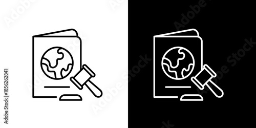 Icon illustration of global legal authority, international justice, and worldwide governance symbolized by a document with a globe and a judge's gavel, presented as a sleek outline icon