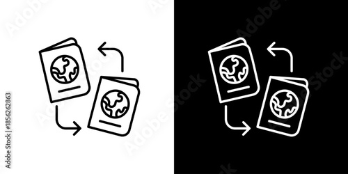 Streamlined vector icon illustrating passport exchange or renewal, indicating global travel, immigration processes, identity verification, and international document updates