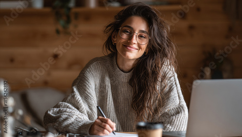 Wallpaper Mural Smiling hispanic woman with curly brown hair and glasses sitting at a wooden desk in a cozy, warmly lit room, working on a laptop and holding a pen Torontodigital.ca