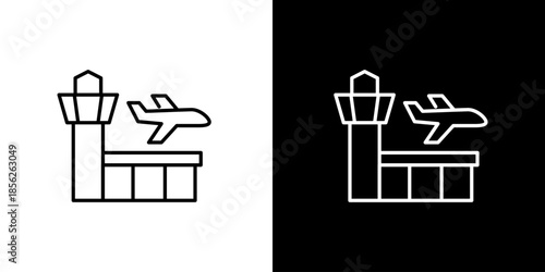 Airport terminal with airplane graphic outline icon design on white and black backgrounds