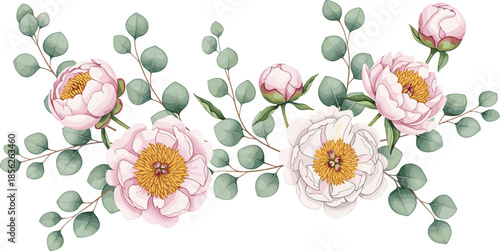 peony, flower, bloom, pink, botanical, floral, arrangement, leaves, green, illustration, watercolor, nature, garden, soft, realistic, petals, bouquet, decor, elegant, pastel