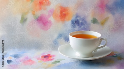 A delicate cup of tea sits on a saucer against a soft floral watercolor background.