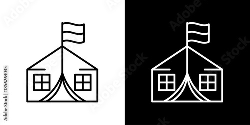 Minimalist line art icon of a classic canvas tent with a flagpole and a waving flag, symbolizing a temporary shelter, expedition camp, or military base in outdoor settings