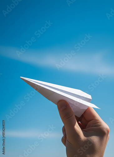 Hand Holding a White Paper Plane Against a Bright Blue Sky