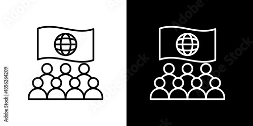 Single icon of abstract representation of global assembly with a flag and audience