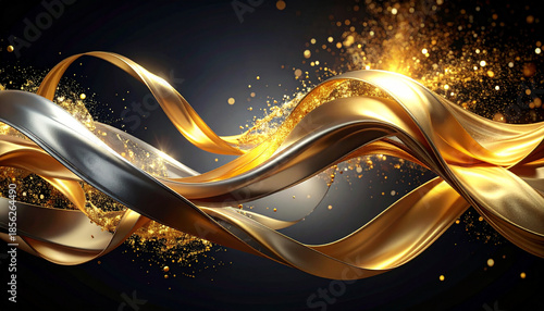 Golden and silver ribbons intertwining with sparkles on a dark background