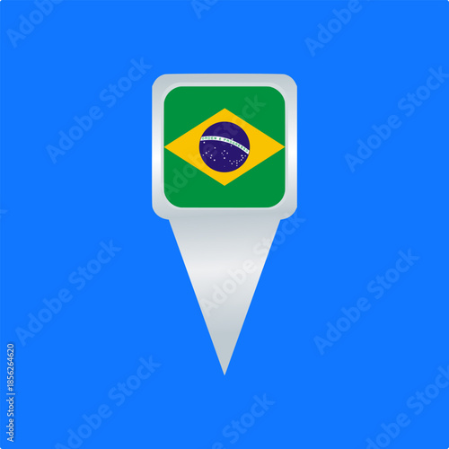 Brazil Flag Location Pin Icon. Glossy Map Pointer Vector Illustration. Ideal for travel apps, navigation maps, geographic markers, tourism projects