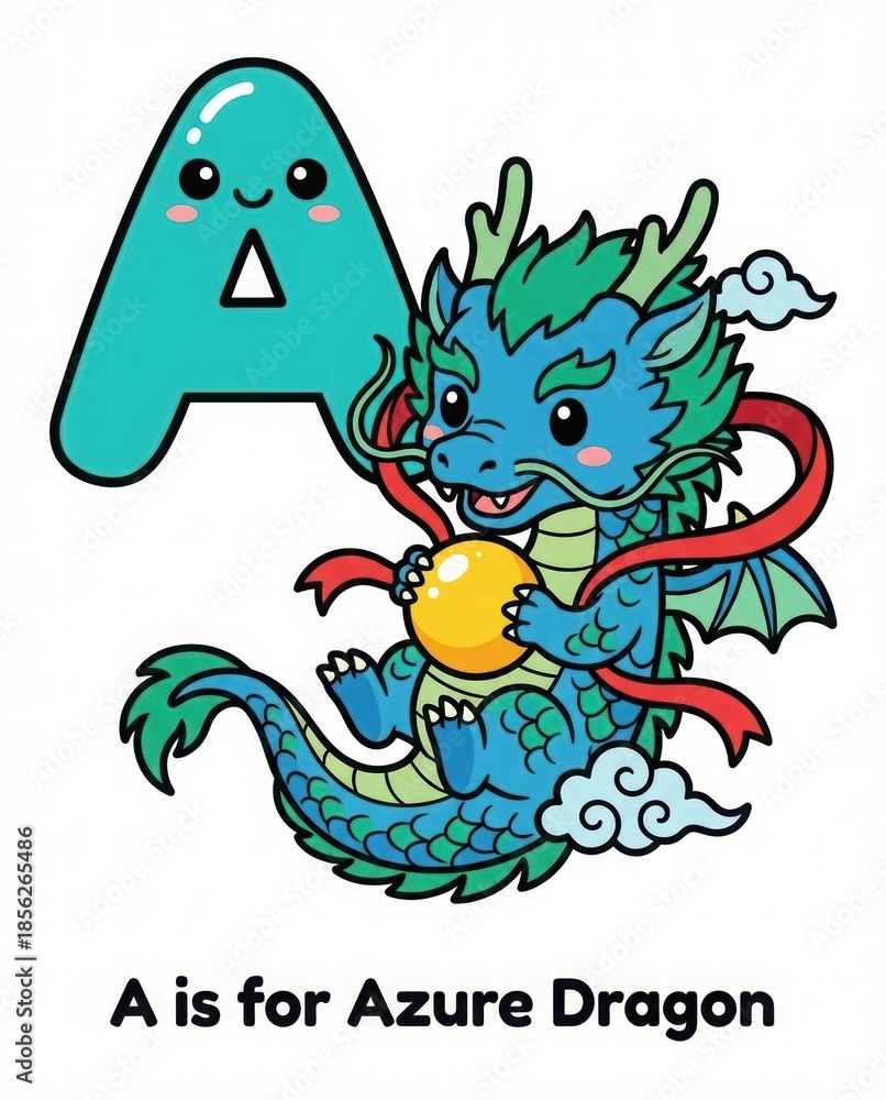 Fototapeta premium Cute Azure Dragon Cartoon with Letter A and Golden Orb for Kids