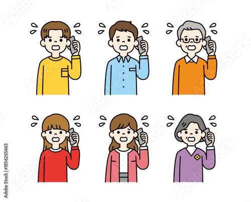 慌てた様子でスマホで通話する、様々な年齢の人物のベクターイラスト素材セット＿カラー