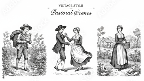 Vintage style pastoral scenes engraving of rural life with figures dancing, walking, and standing in a landscape setting.