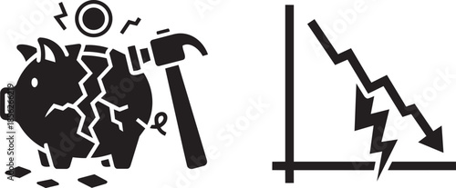 Financial crisis concept with broken piggy bank and declining graph illustration