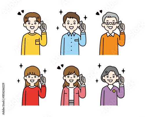 ワクワクした表情でスマホで通話する、様々な年代の男女のベクターイラスト素材セット＿カラー