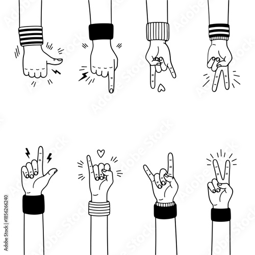 expressive hand gesture icons set with wristbands for rock and peace