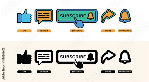 Social Media Element Icon Design Interaction, Like, Comment, Subscribe, Share, Notification, Vector Illustration
