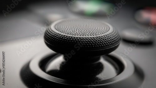 Close-up view of a joystick on a game controller, showcasing its textured surface and sleek design
