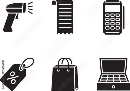 Black and white illustration of shopping and business icons including a barcode scanner, receipt, payment terminal, price tag, shopping bags, and laptop computer for commerce