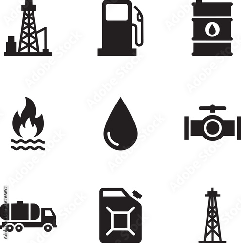 Black and white icons of oil rig, gas pump, oil barrel, flame, oil drop, pipeline, oil truck, oil can, drilling rig on white background for industry, energy, and fuel concepts