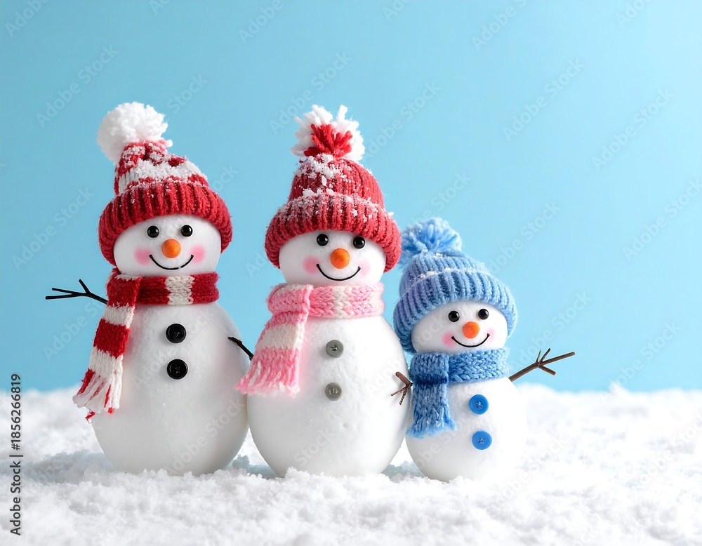 Obraz premium Three snowmen with winter hats, scarves, on snow, blue background