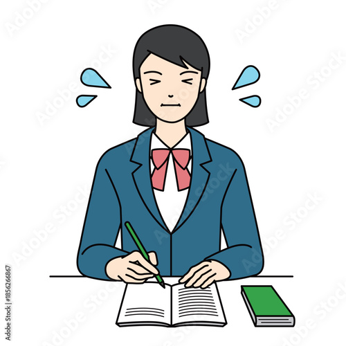 High school girl in blazer uniform struggling with difficult study