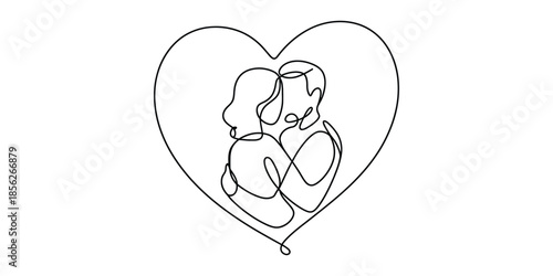 Continuous line drawing of a loving couple embracing within a heart symbol