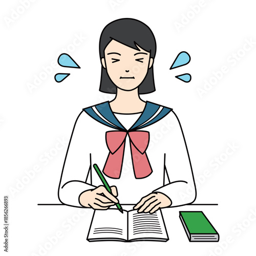 Schoolgirl in sailor uniform feeling stressed while studying