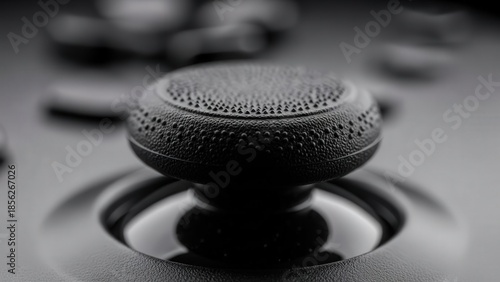 A close-up view of a textured game controller button in a dark environment